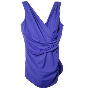 Lands' End One Piece Swimsuit Blue Wrap Front Skirted‎ Tummy Control Slendersuit